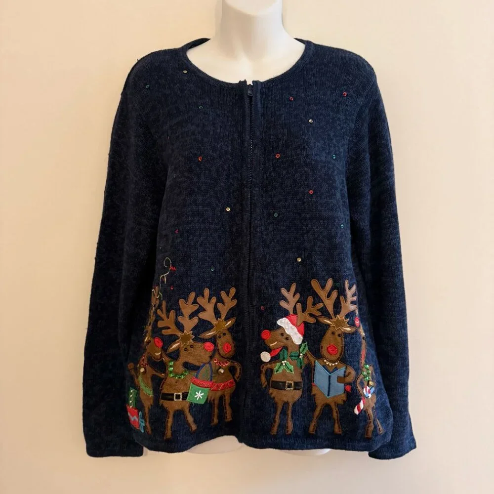 VINTAGE  Blue Christmas Sweater | Singing Reindeer & Festive Lights | Tiara - Picture 5 of 10